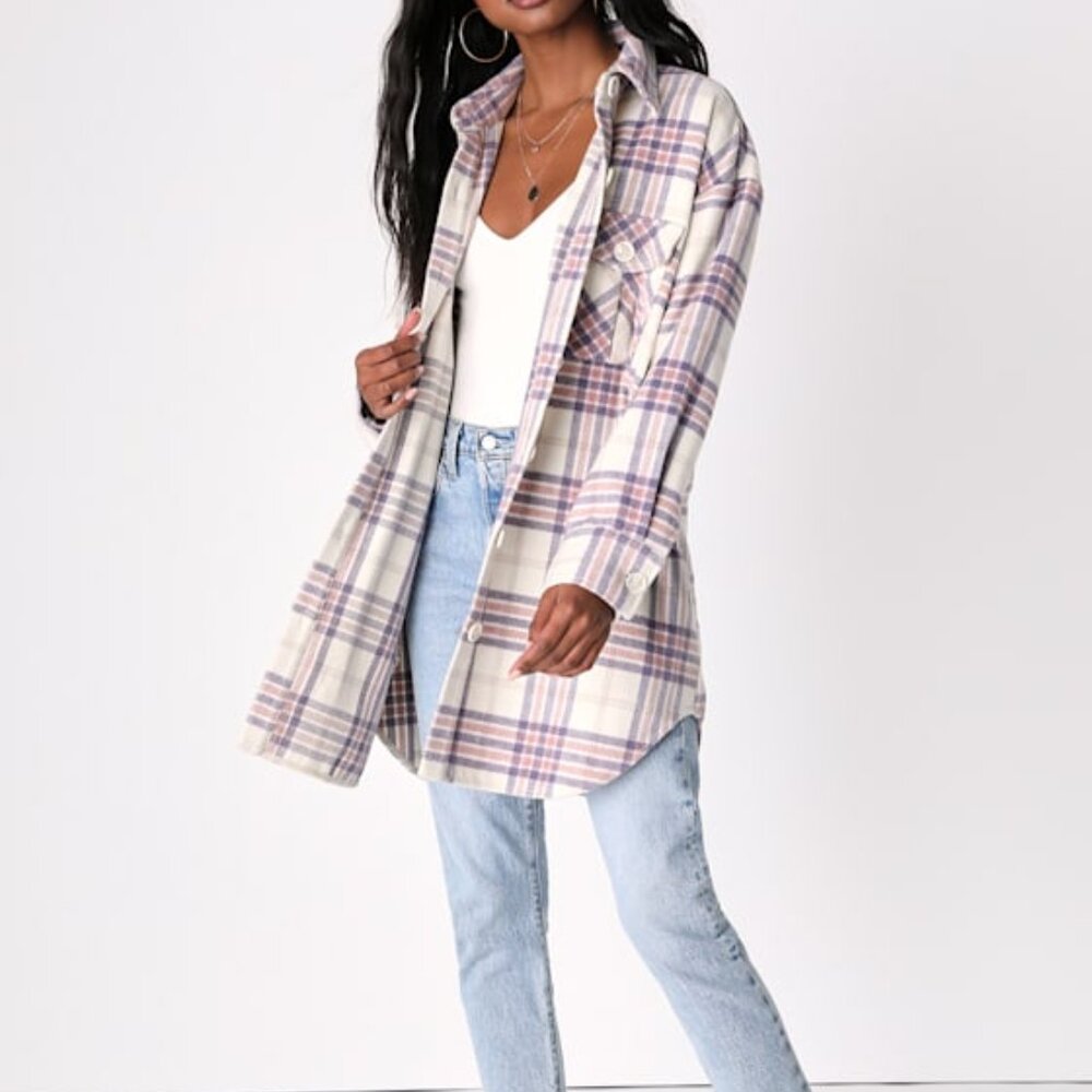 Lulus Plaid Intentions Ivory Multi Plaid Longline Shacket White - Size XS